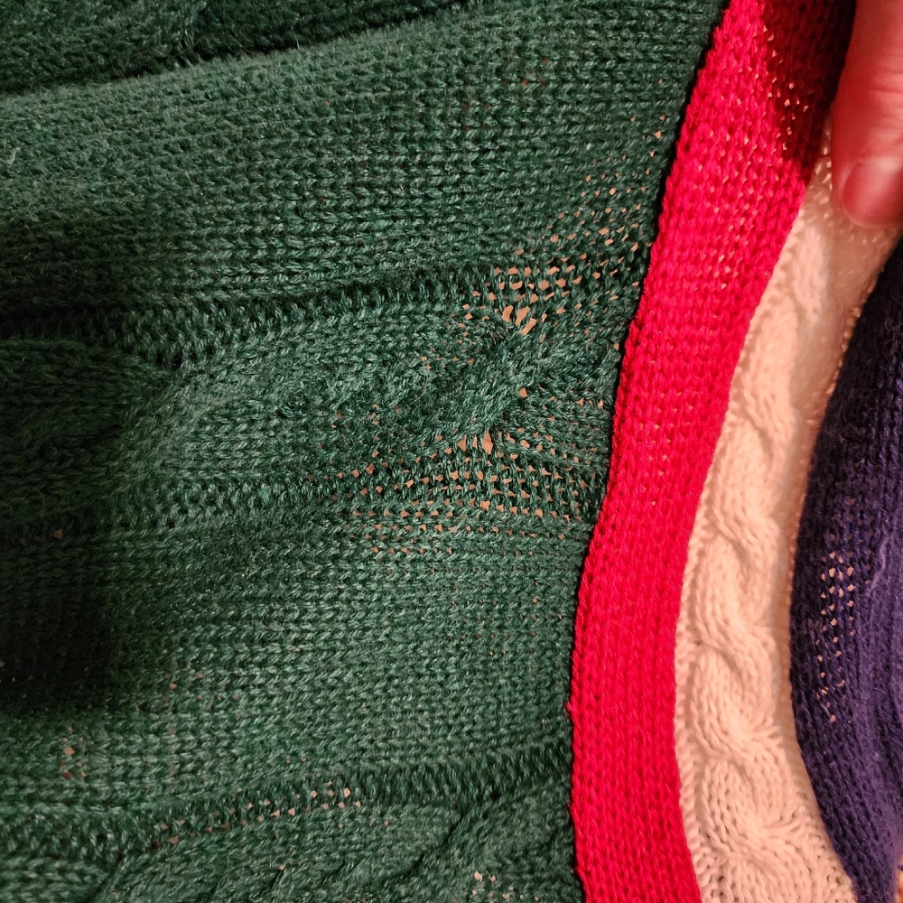 Vintage 90s Weekends Vneck Cableknit Sweater Mens L Cotton Blue Green Red White - Picture 6 of 8